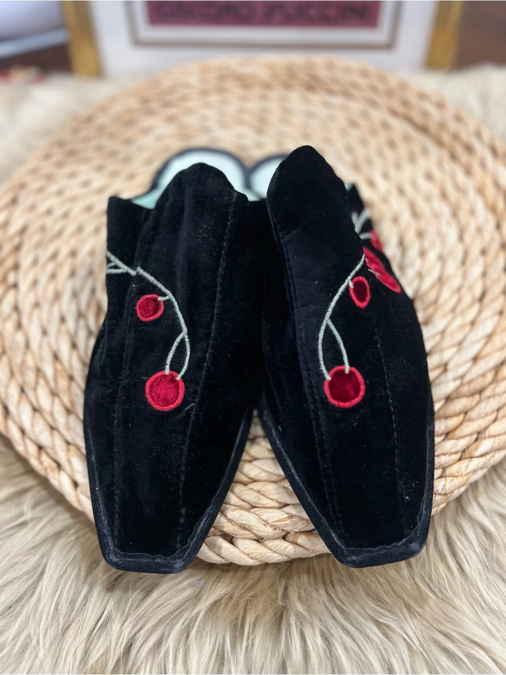 Black Velvet Slip-On Mules with Red Cherry Embroidery
